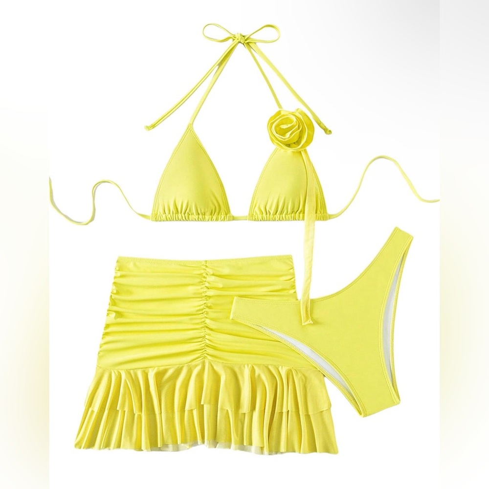 Womens 3 Piece Halter Swimsuits Triangle High Cut Flower Bikini & Cover Up Skirt